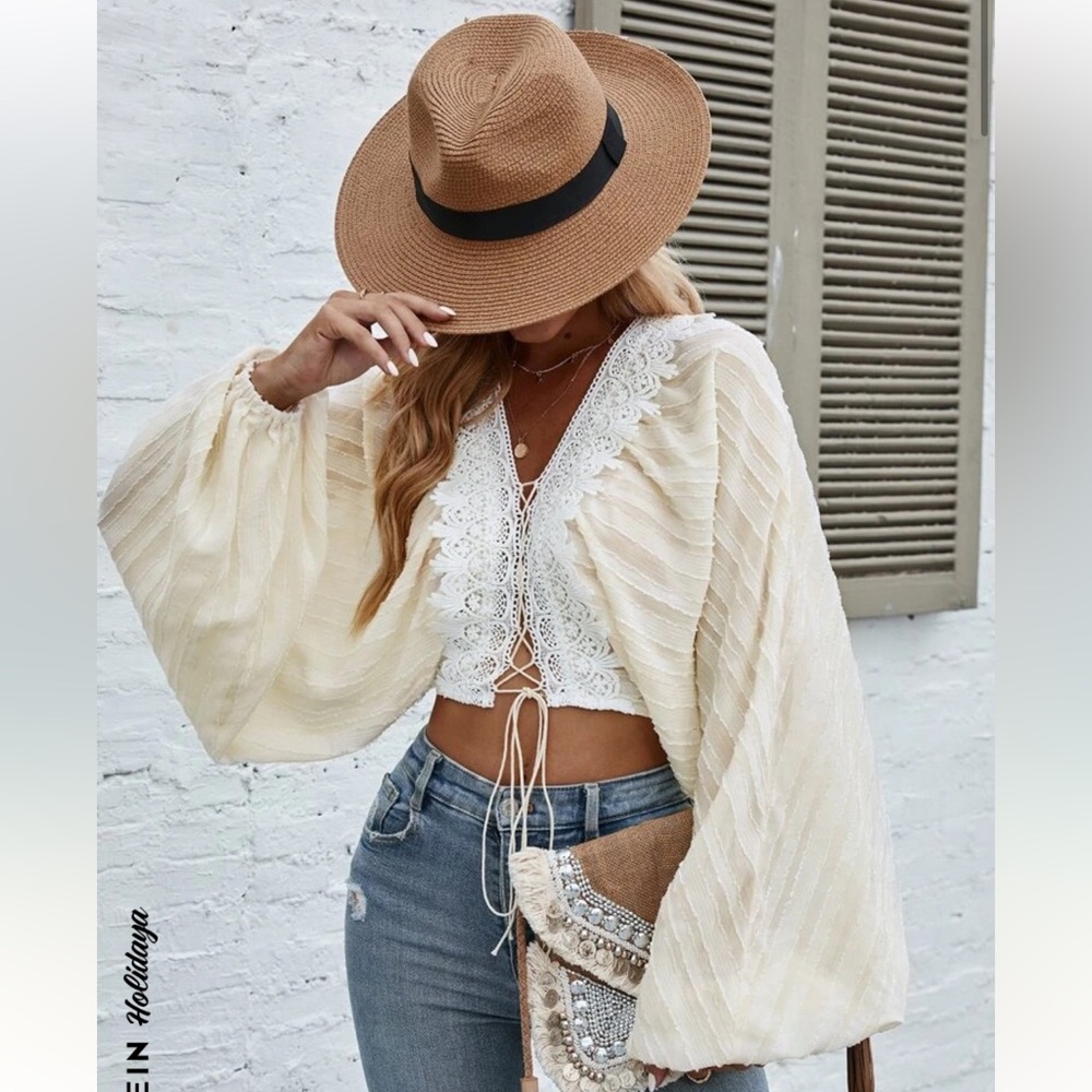 SHEIN lantern sleeve lace up front crop blouse